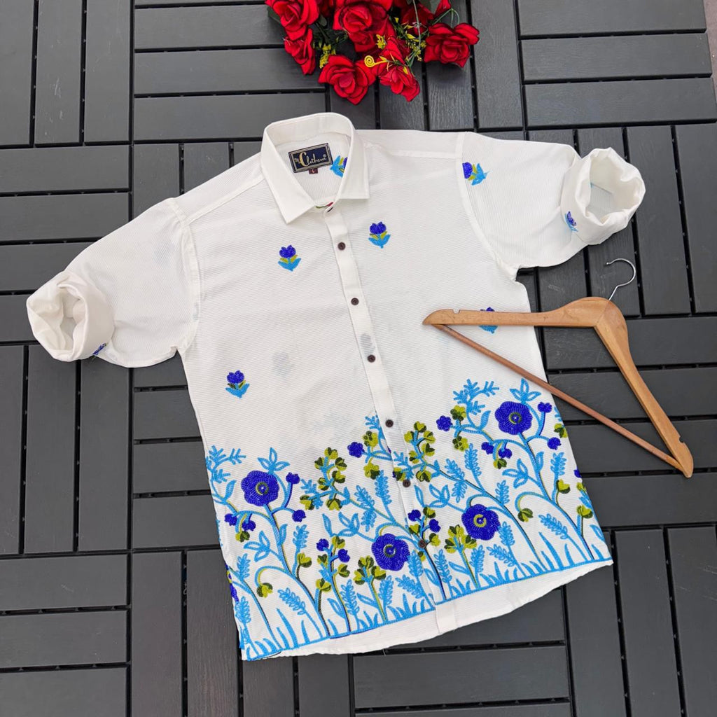 Embroidered Button Down Collar Casual Cotton Shirt