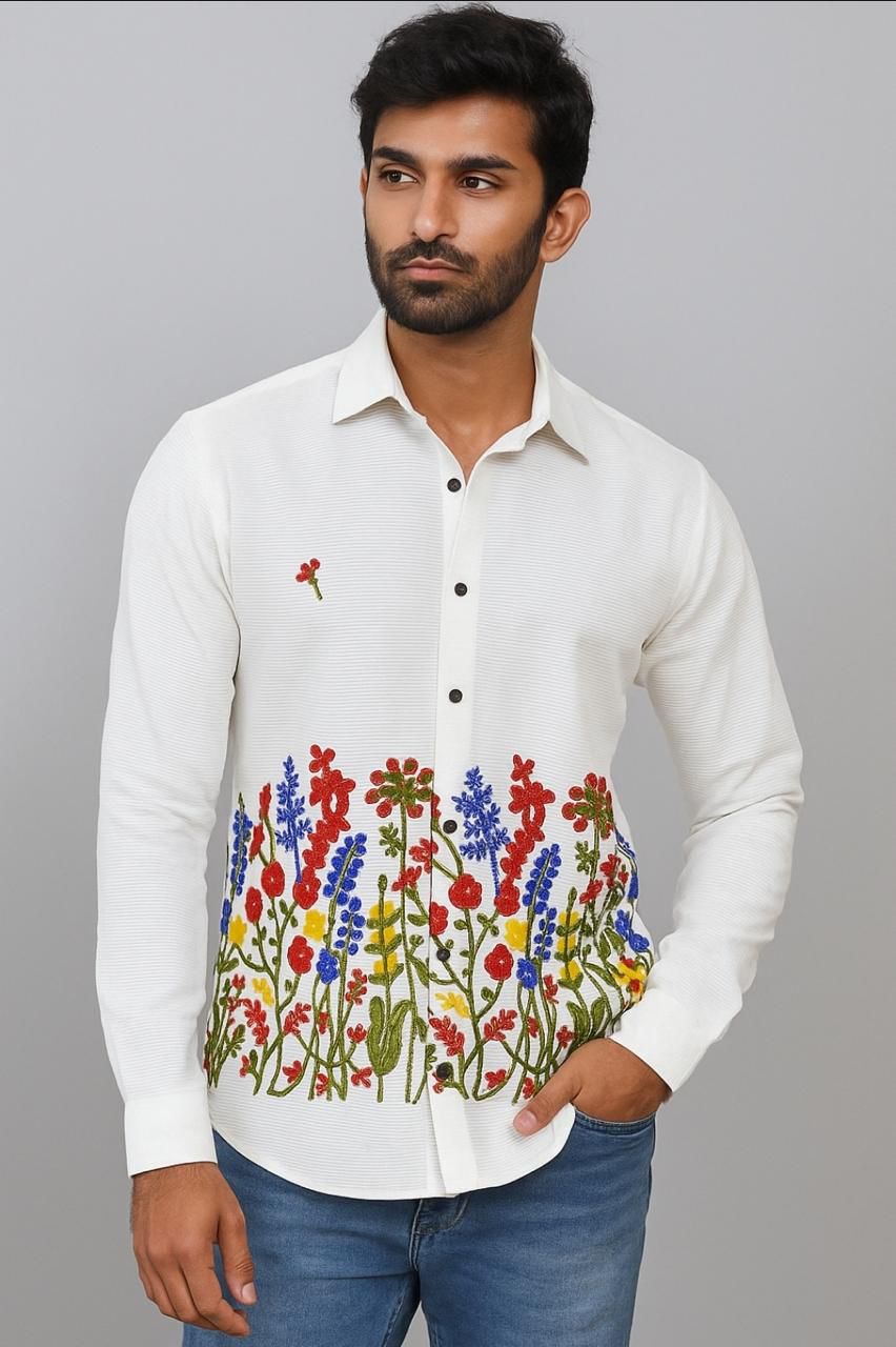 Embroidered Button Down Collar Casual Cotton Shirt