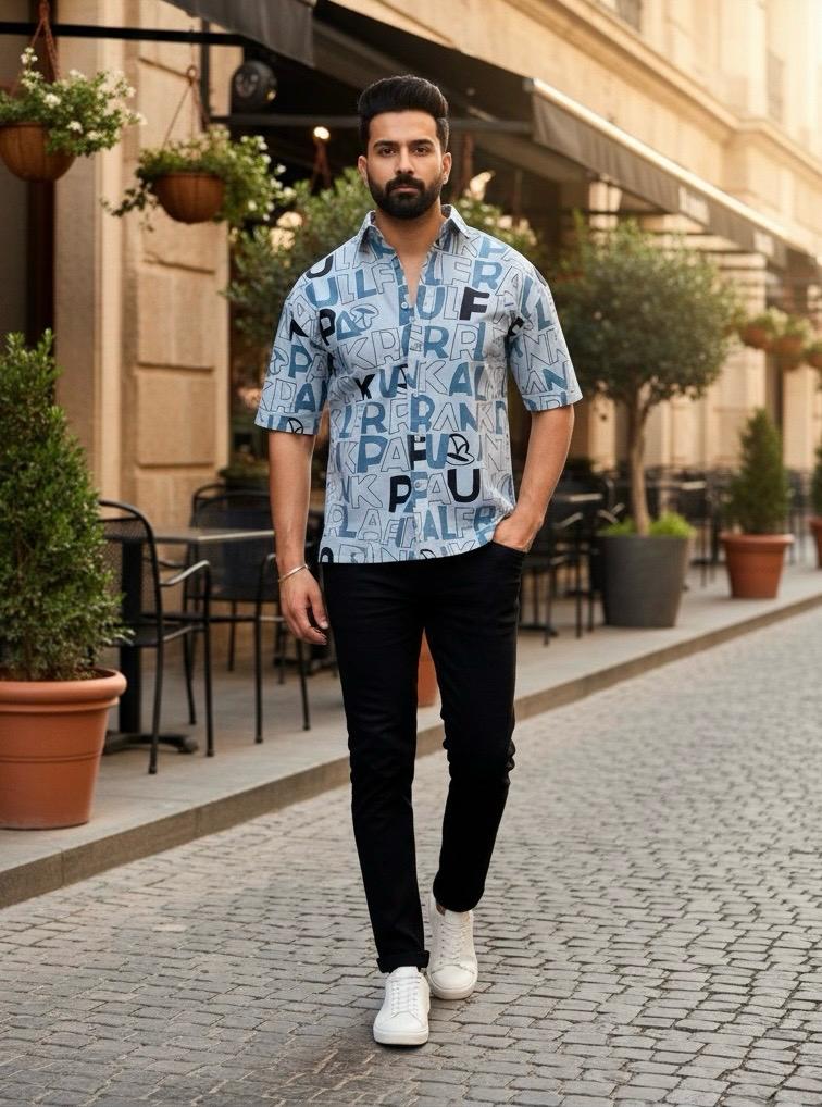 Men’s Premium Blue Typography Printed Half-Sleeve Shirt