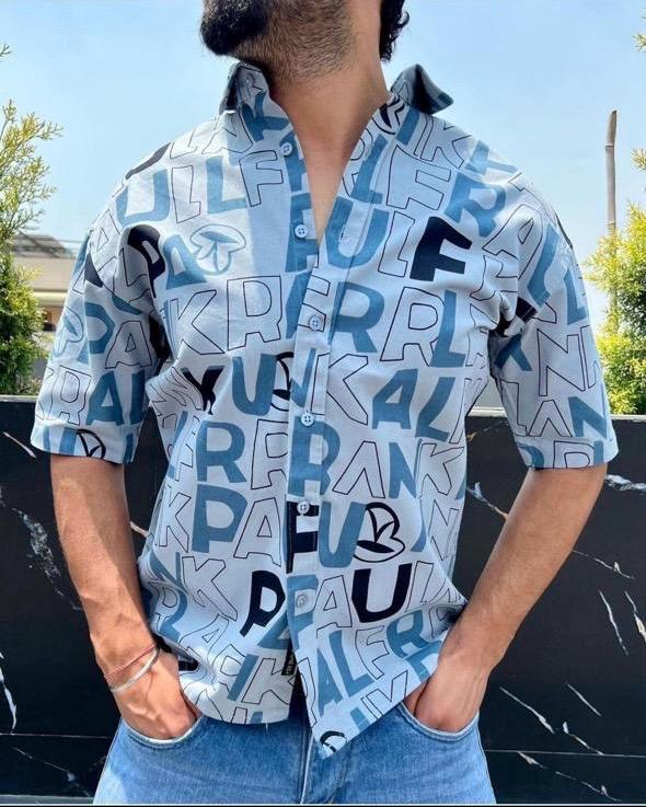 Men’s Premium Blue Typography Printed Half-Sleeve Shirt