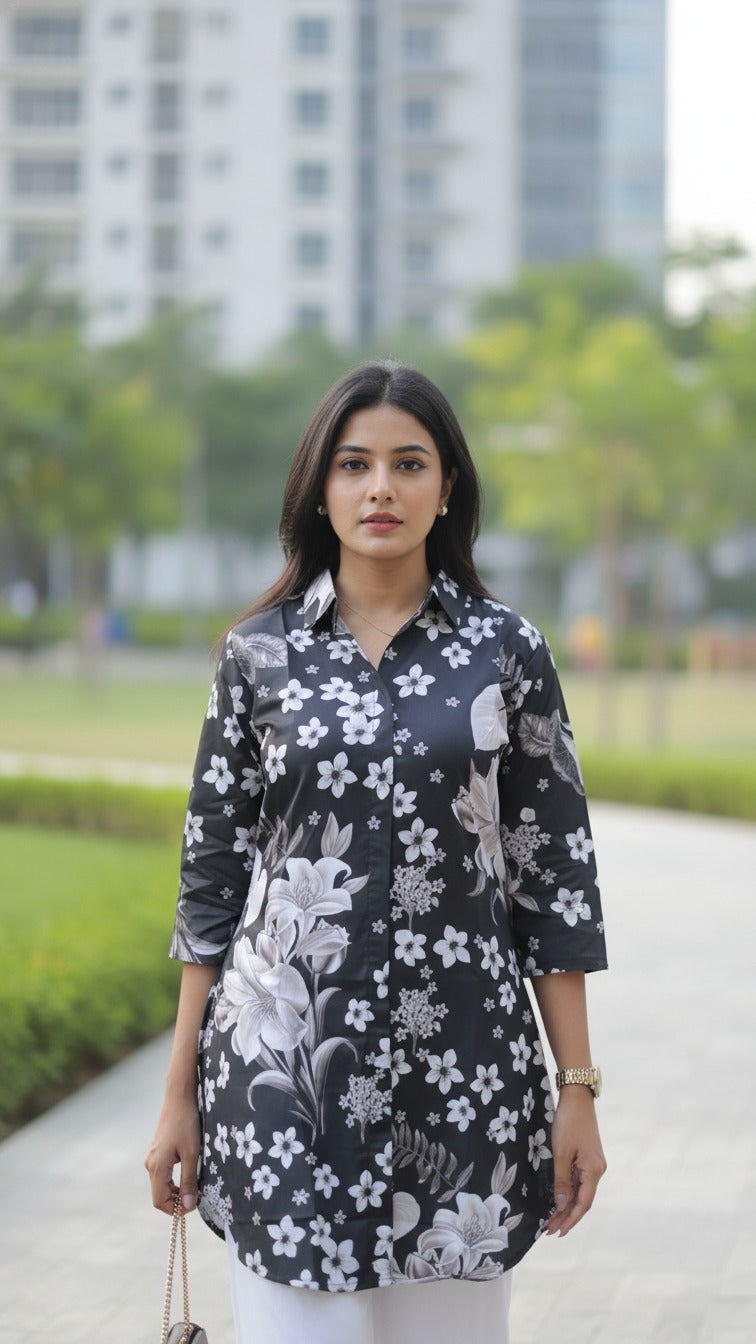 Women's Premium Black Floral Printed Kurti And  Palazzo Set