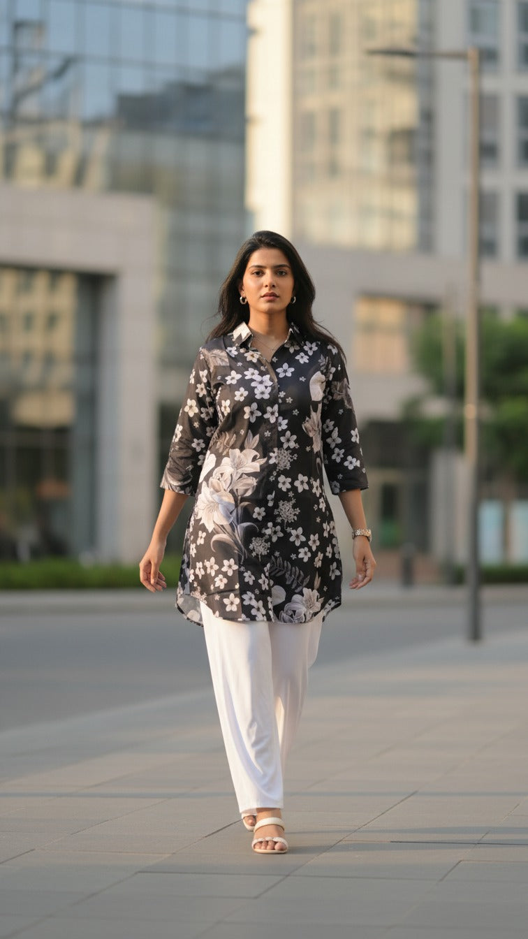 Women's Premium Black Floral Printed Kurti And  Palazzo Set
