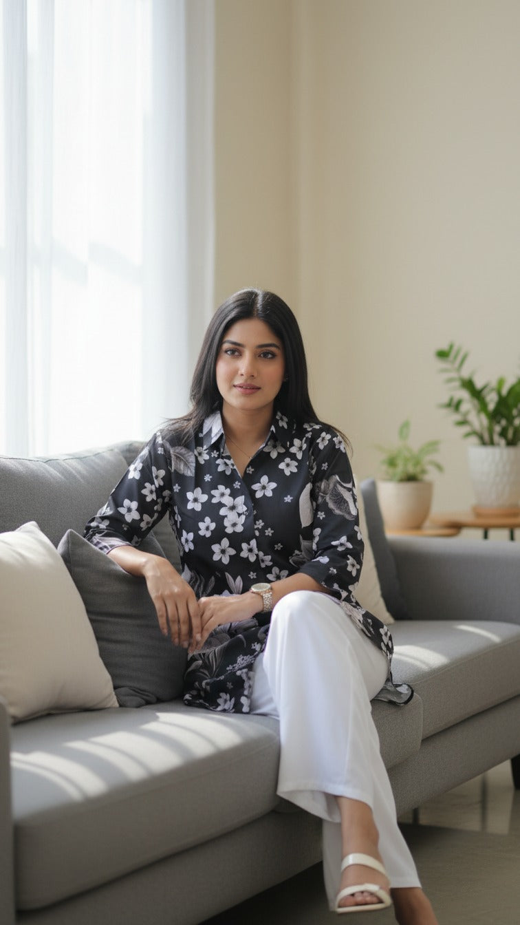 Women's Premium Black Floral Printed Kurti And  Palazzo Set