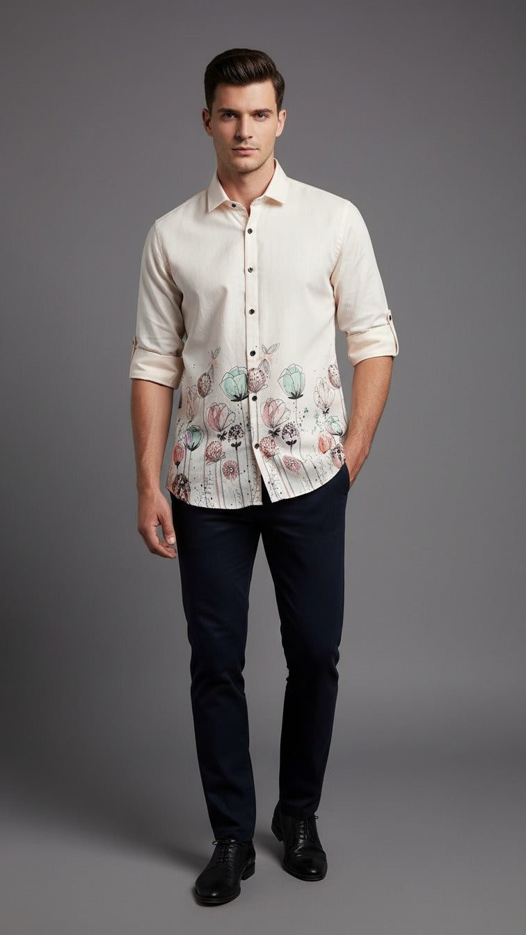 Men’s Elegant Cream Floral Art Print Cotton Lilen Shirt