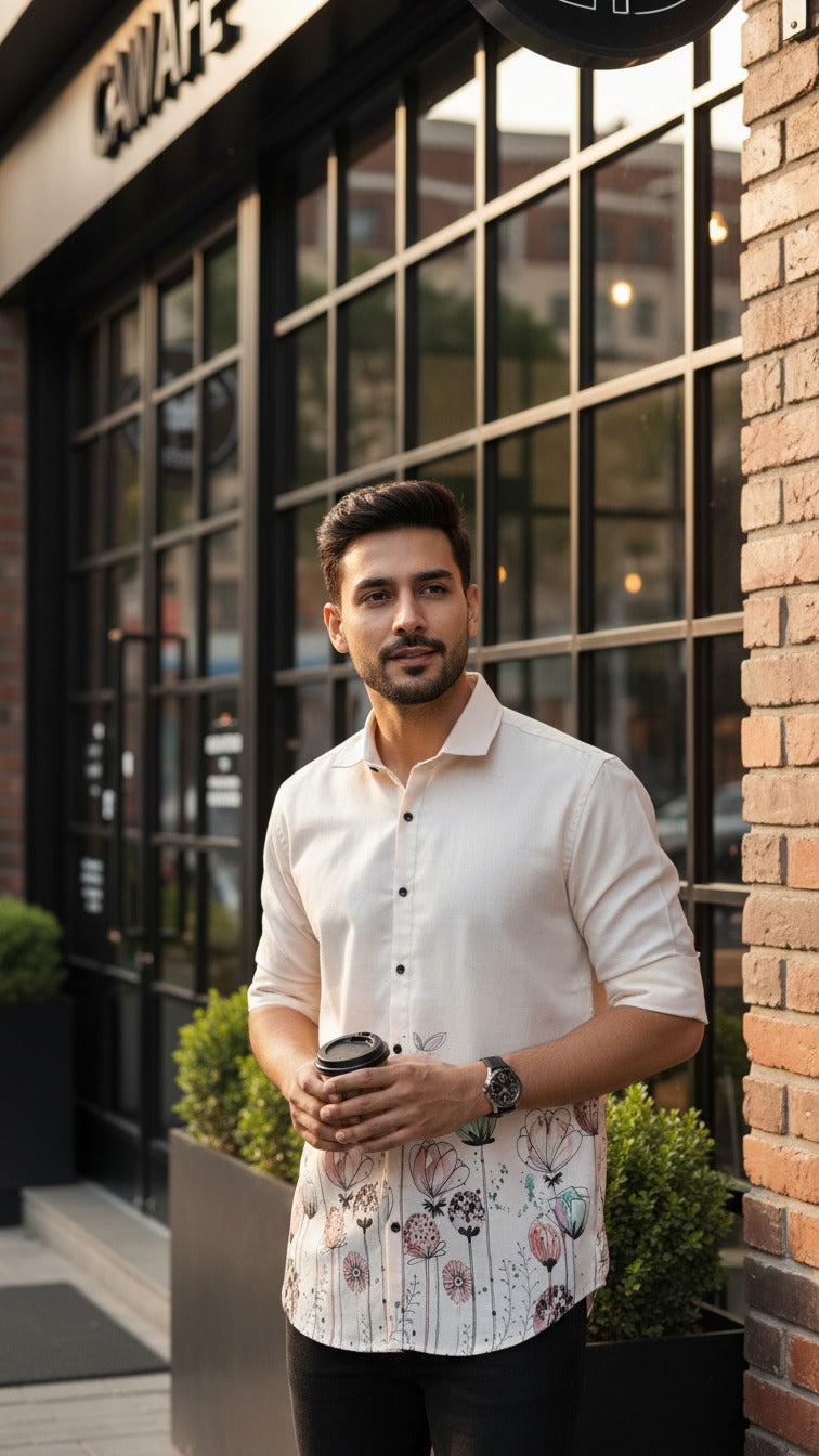 Men’s Elegant Cream Floral Art Print Cotton Lilen Shirt