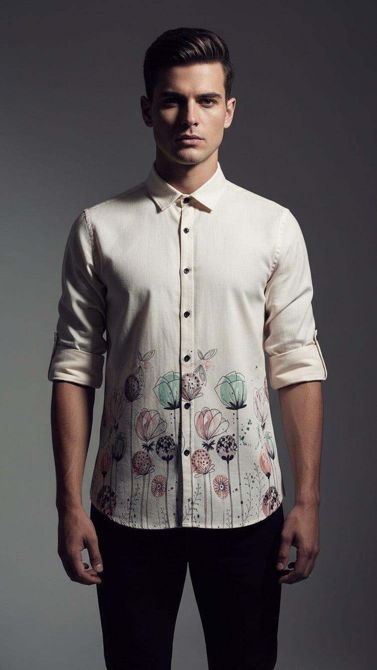 Men’s Elegant Cream Floral Art Print Cotton Lilen Shirt
