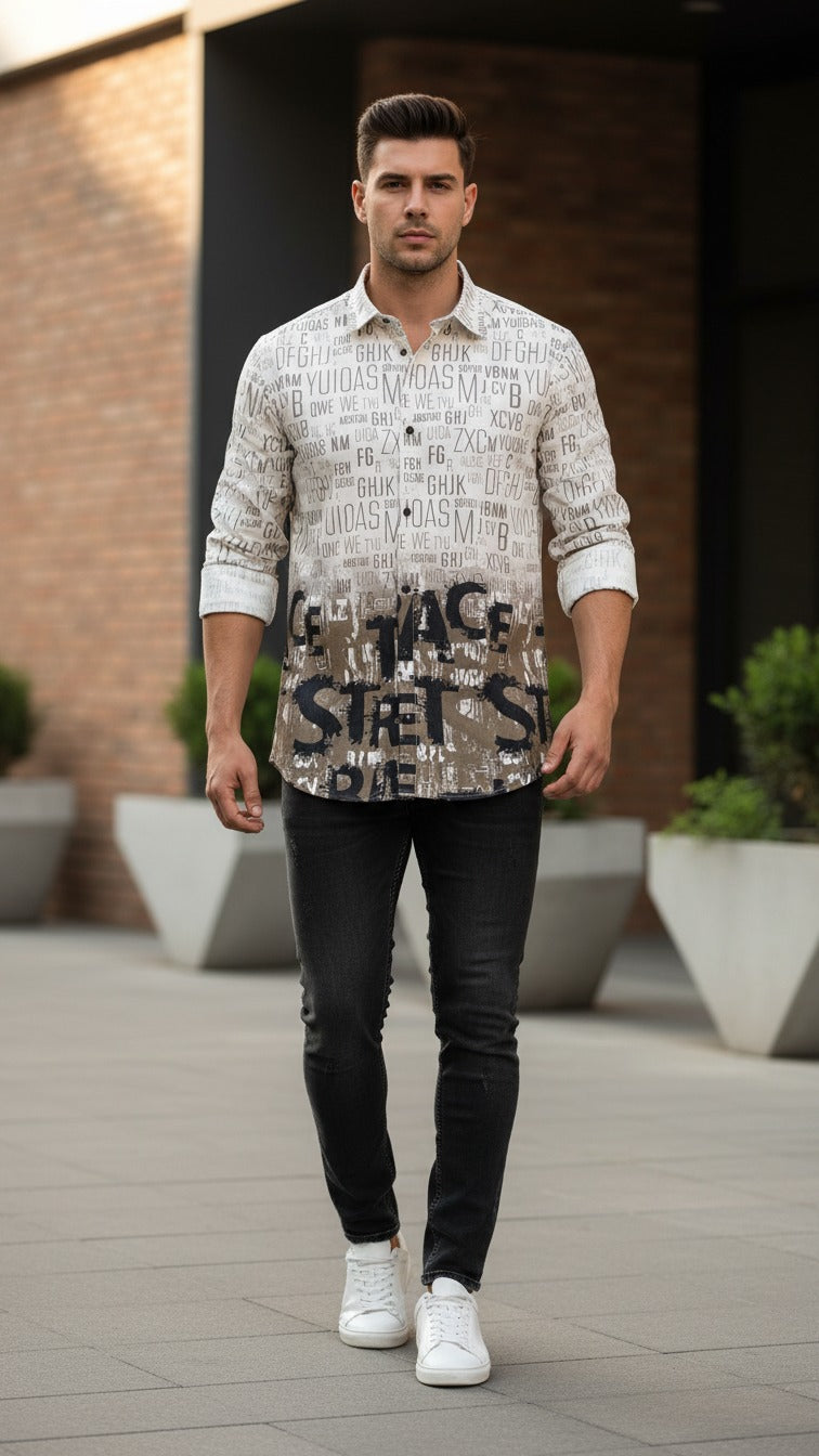 Men’s Urban Street-Style Alphabet Print Cotton Lilen Shirt