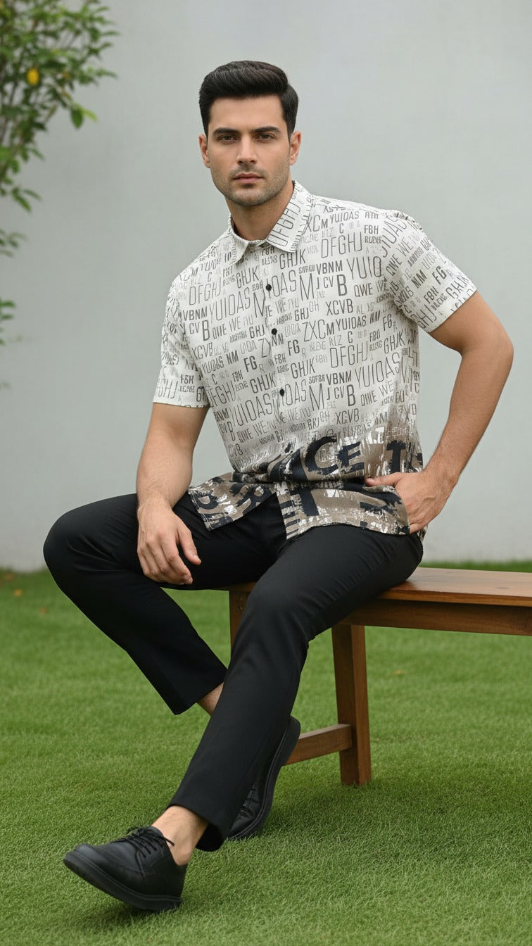 Men’s Urban Street-Style Alphabet Print Cotton Lilen Shirt