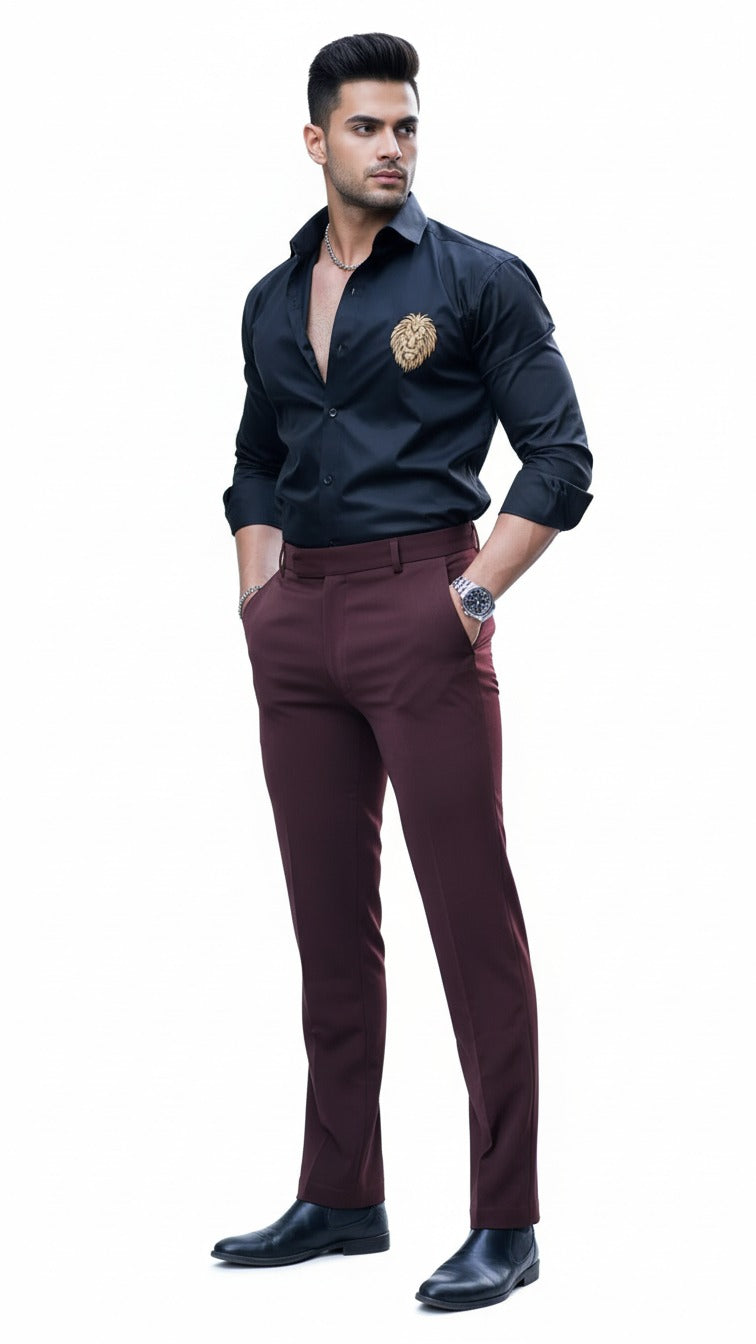 Men’s Premium Black Satin Shirt with Golden Lion Embroidery