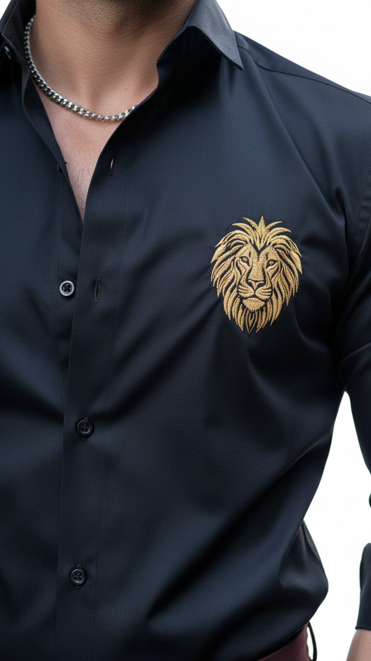 Men’s Premium Black Satin Shirt with Golden Lion Embroidery