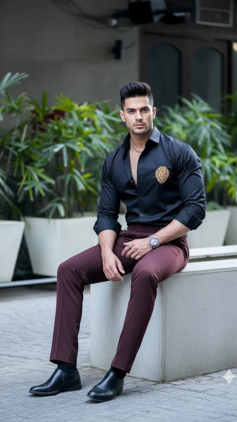 Men’s Premium Black Satin Shirt with Golden Lion Embroidery