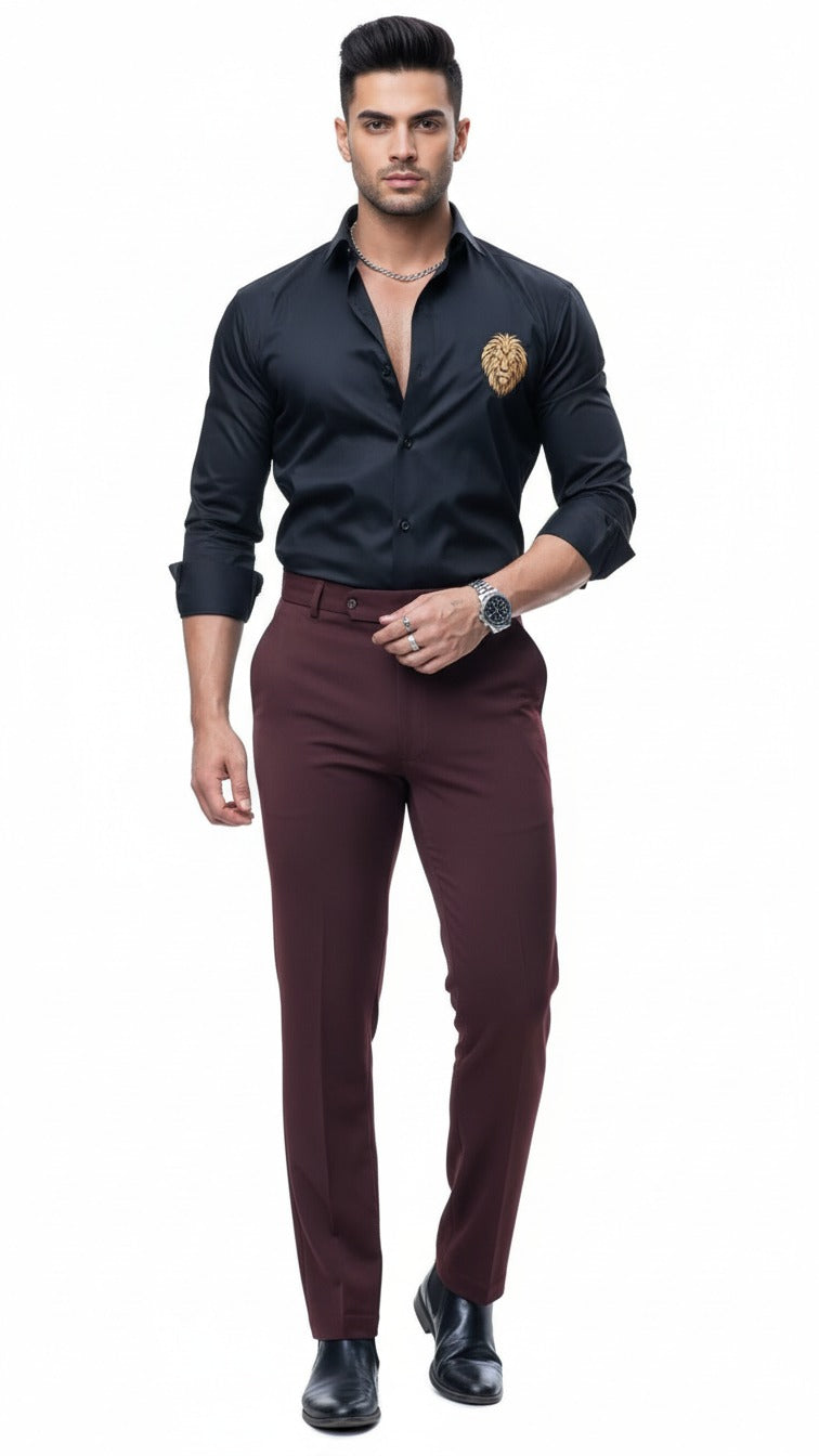 Men’s Premium Black Satin Shirt with Golden Lion Embroidery