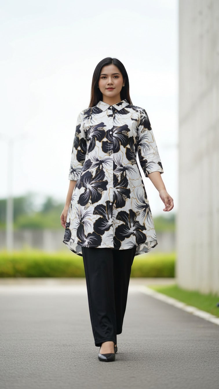 Premium Floral Print Kurti with Black Straight Palazzo