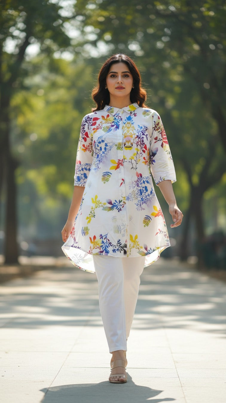 Premium Floral Print Kurti with White Straight Palazzo
