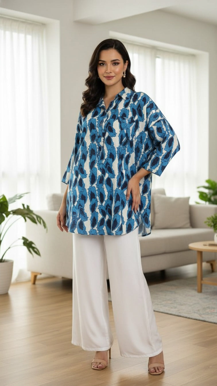 Premium Reyon Printed Long Kurti with White Palazzo for Women