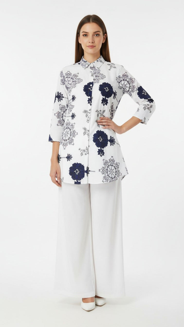 Premium Reyon Printed Long Kurti with White Palazzo