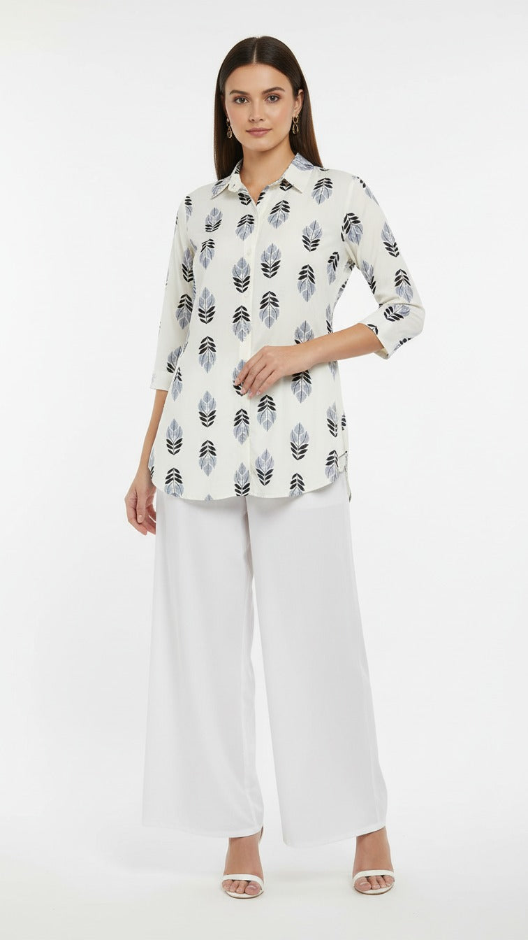 Modern Feather Print Tunic Kurti with Soft Palazzo Pants