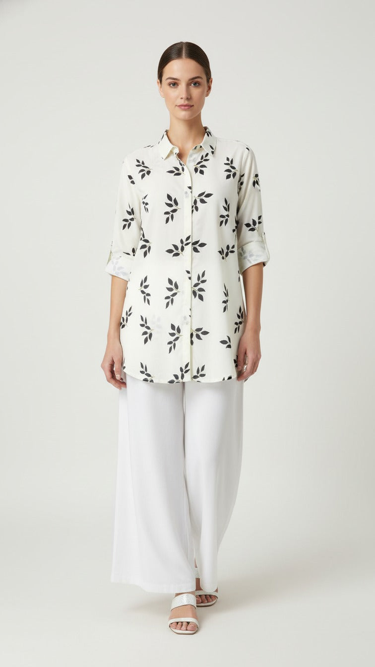 Elegant Leaf Print Kurti with Classic White Palazzo Set