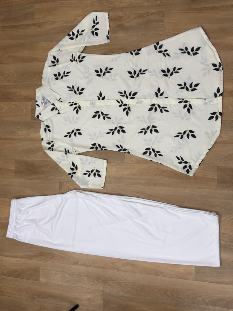 Elegant Leaf Print Kurti with Classic White Palazzo Set