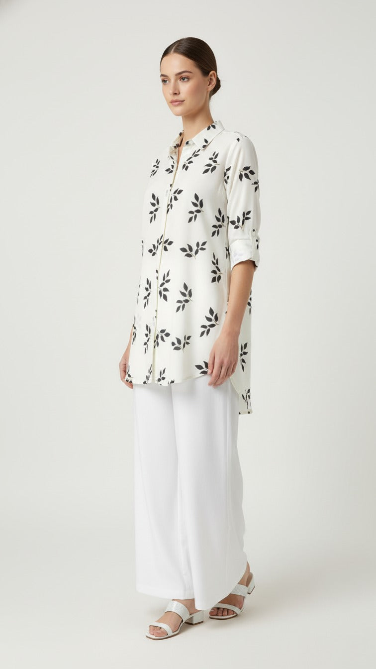 Elegant Leaf Print Kurti with Classic White Palazzo Set
