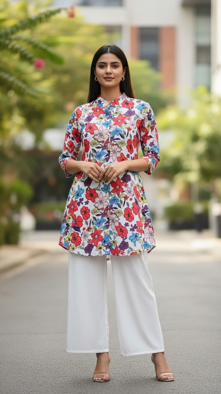 Multicolor Flower Design Set for Women Kurti with White Palazzo