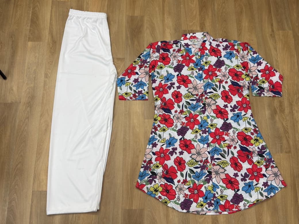 Multicolor Flower Design Set for Women Kurti with White Palazzo