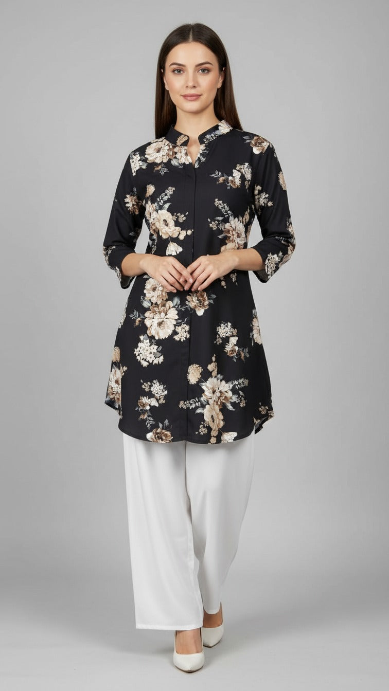 Elegant Floral Black Kurti With White Palazzo
