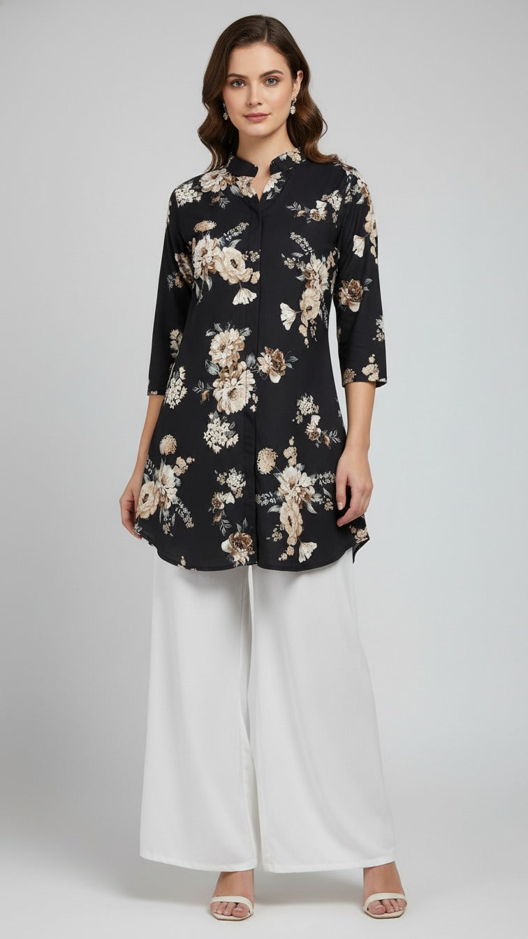 Elegant Floral Black Kurti With White Palazzo