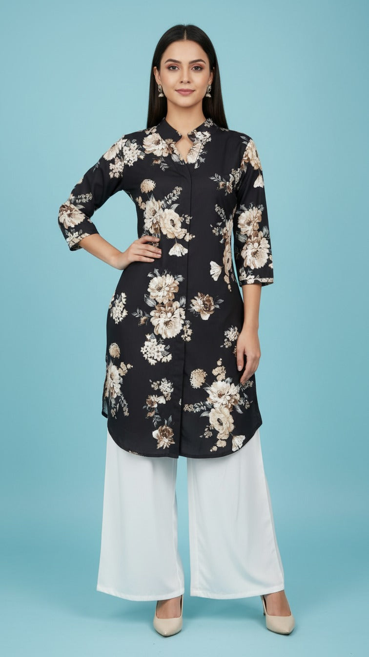 Elegant Floral Black Kurti With White Palazzo
