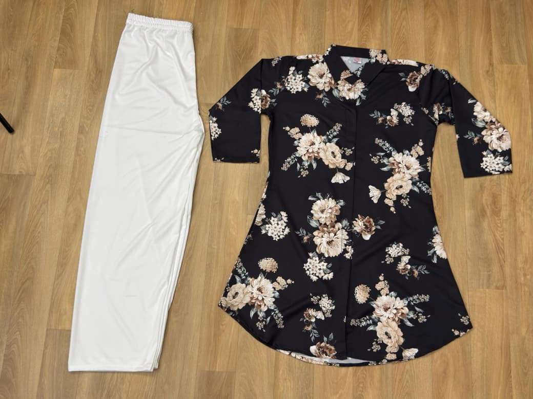 Elegant Floral Black Kurti With White Palazzo
