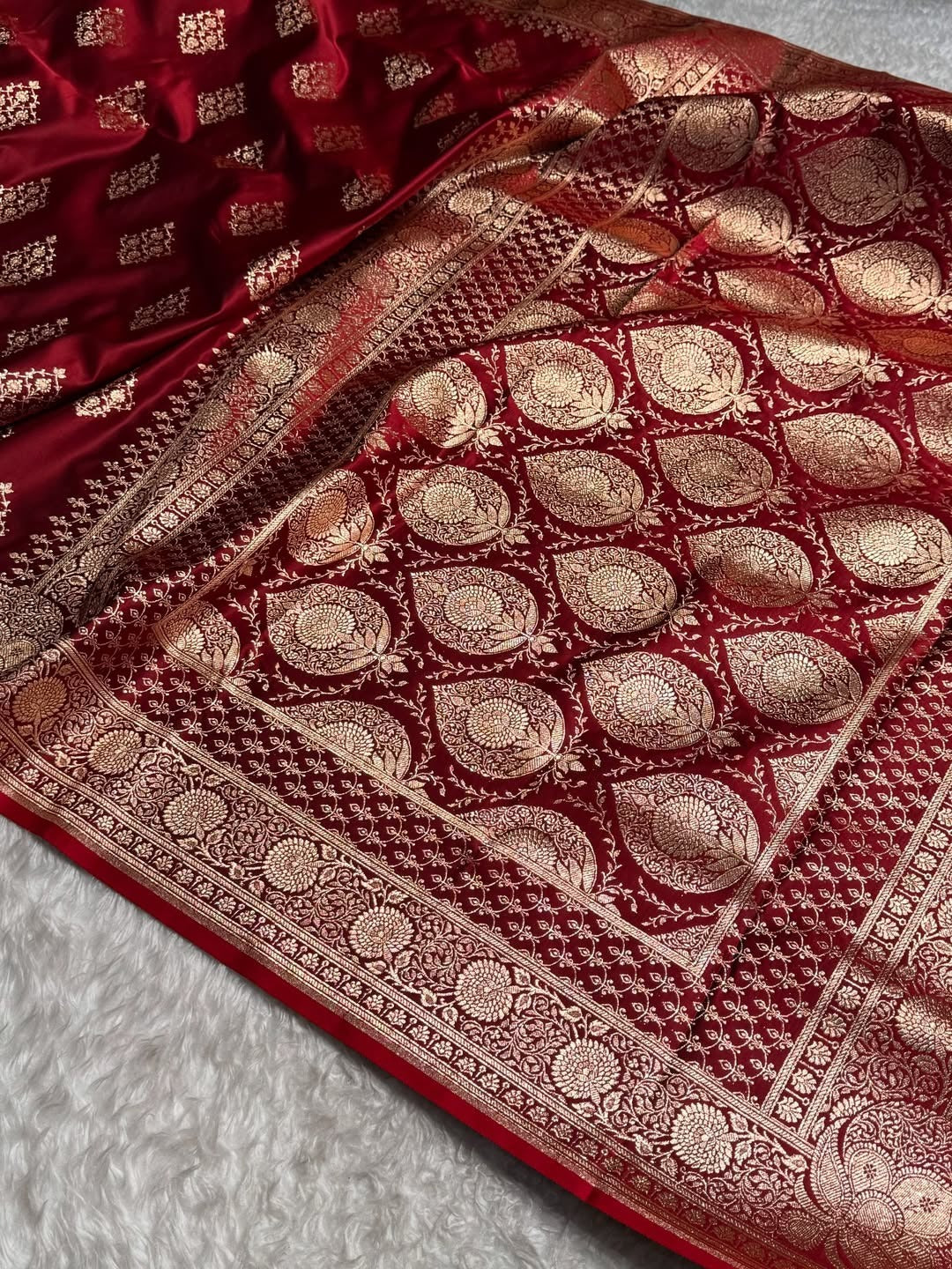 Classic Red Banarasi Silk Saree with Pure Golden Zari Buta & Floral Border
