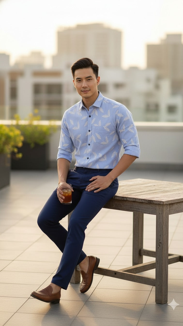 Full Sleeve Linen Shirt with Rubber Print Floral Design