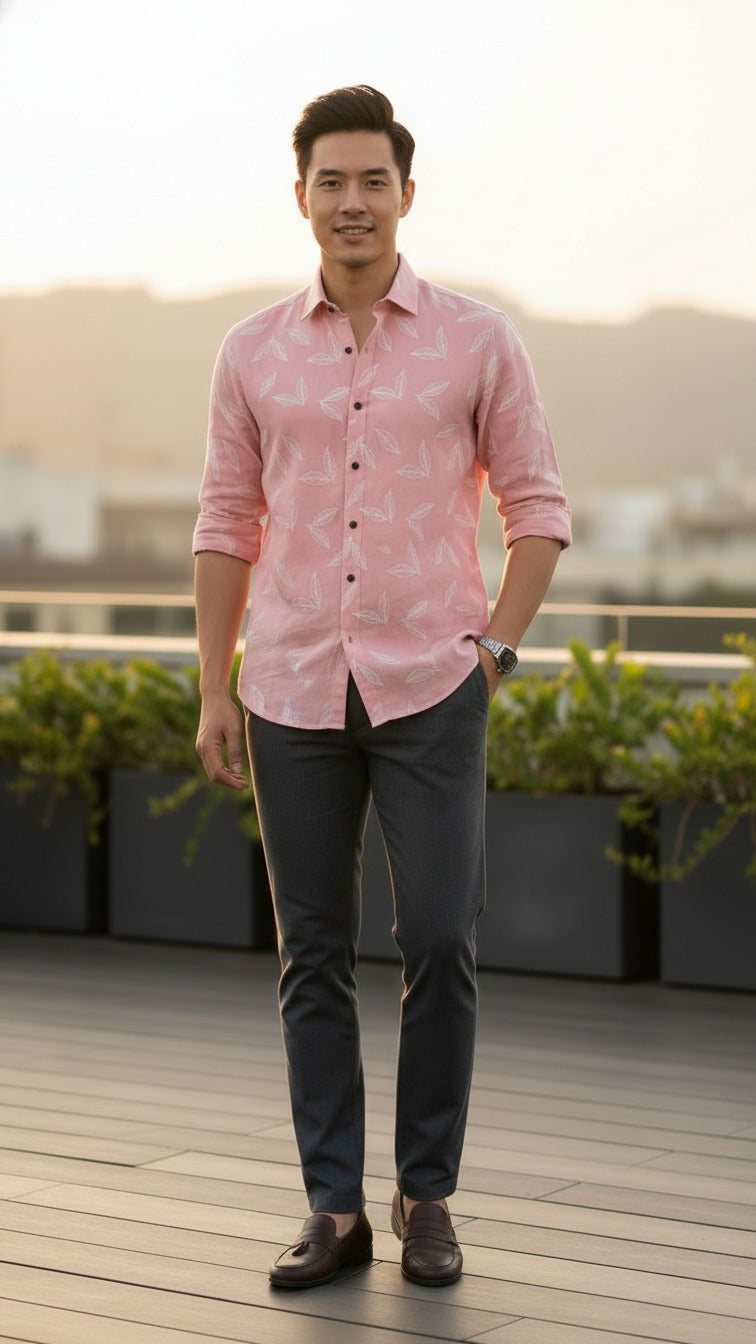 Full Sleeve Linen Shirt with Rubber Print Floral Design