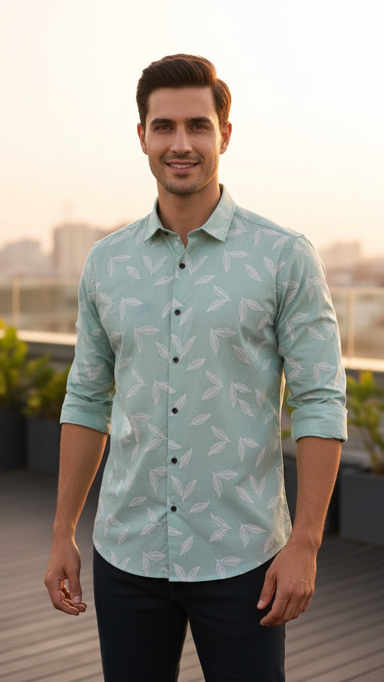 Full Sleeve Linen Shirt with Rubber Print Floral Design