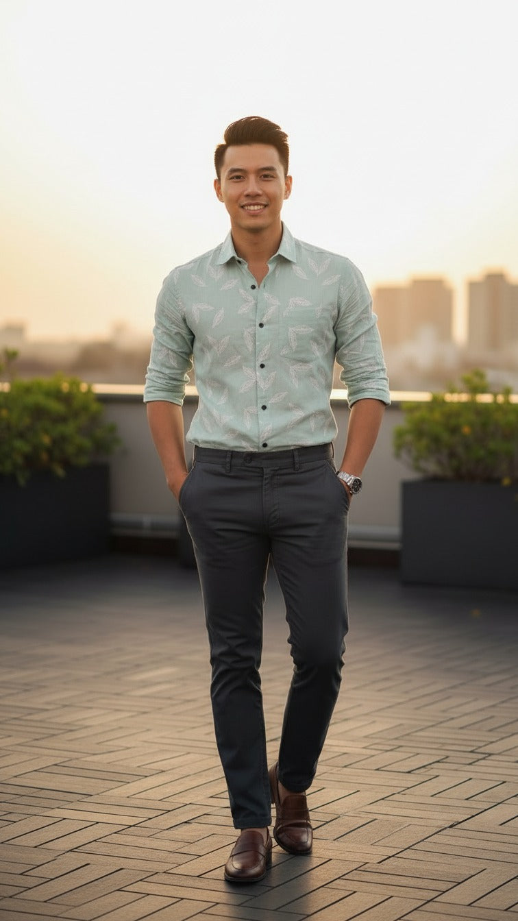 Full Sleeve Linen Shirt with Rubber Print Floral Design