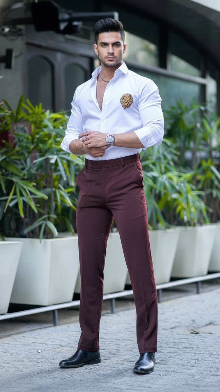 Men’s Premium White Satin Shirt with Golden Lion Embroidery