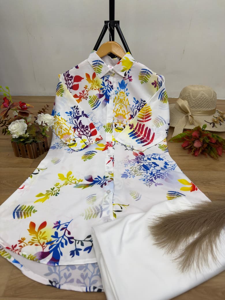 Premium Floral Print Kurti with White Straight Palazzo