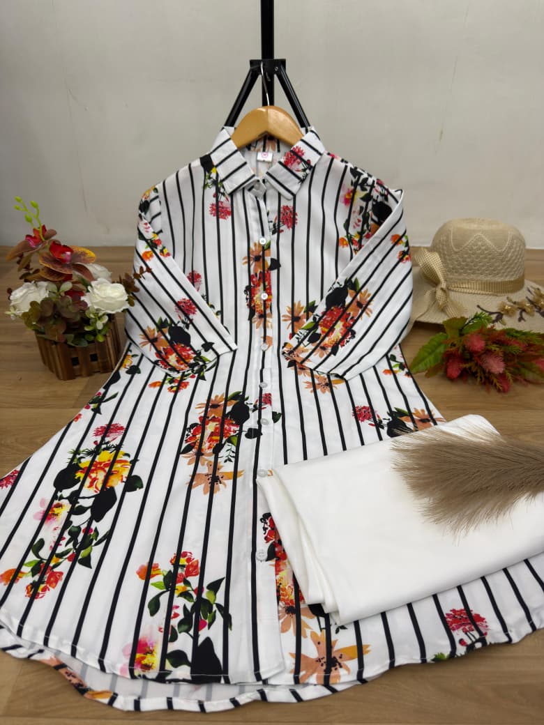 Premium Floral Print Kurti with White Straight Palazzo