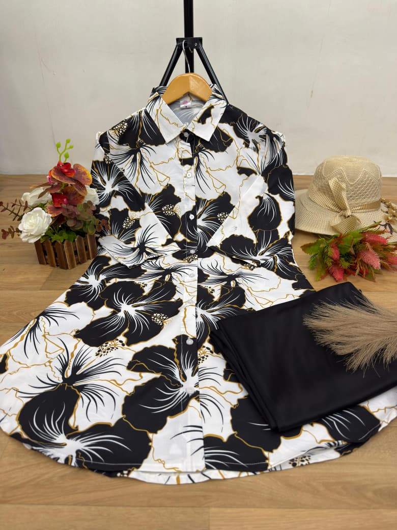 Premium Floral Print Kurti with Black Straight Palazzo