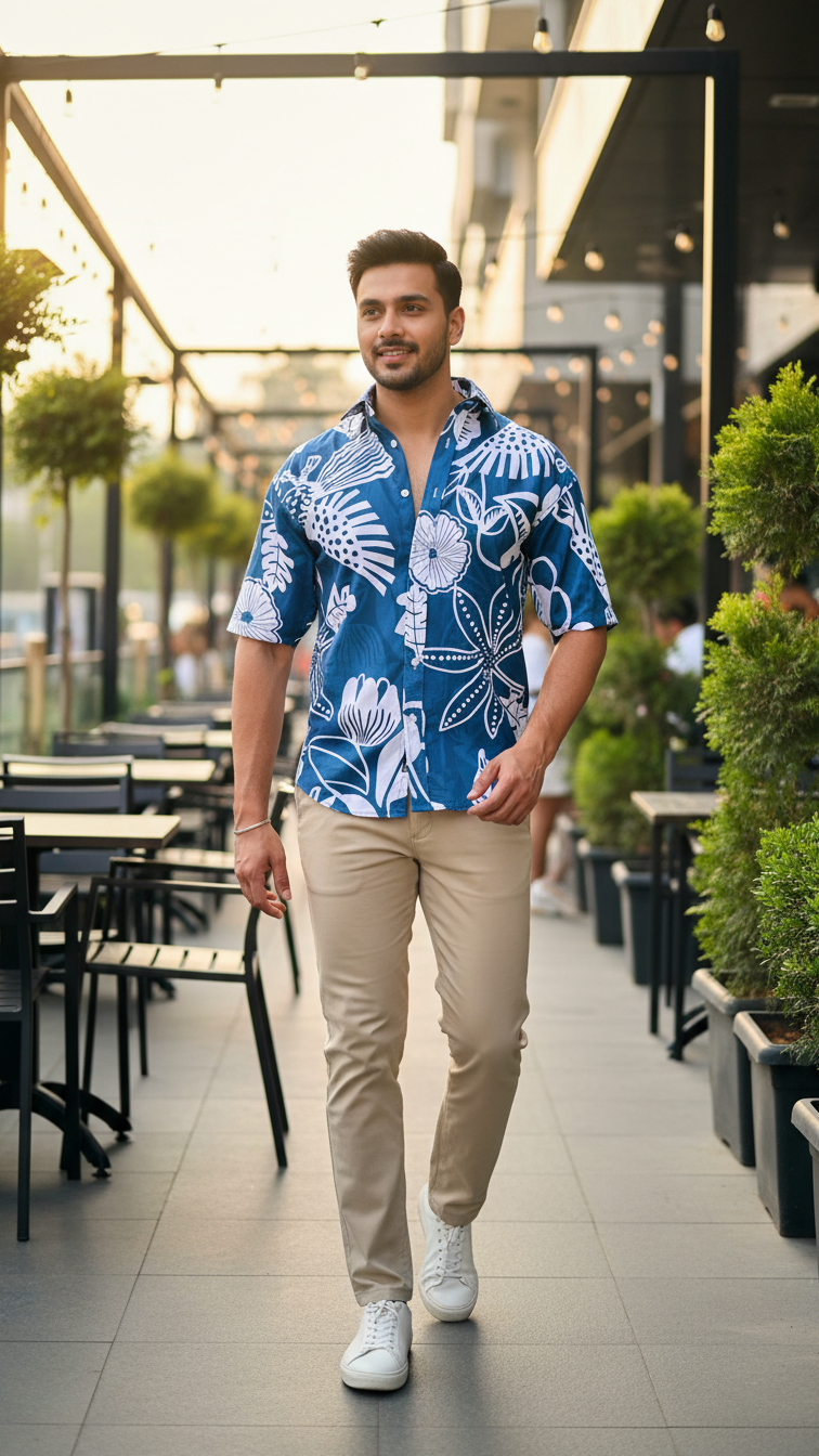 Blue Floral Men’s Short Sleeve Printed Cotton Shirt