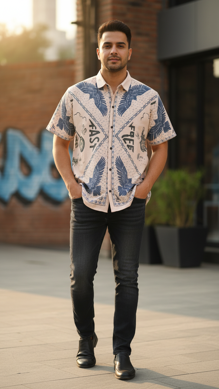 Men's Excusive Knited Febric Printed Half Sleeve Shirt