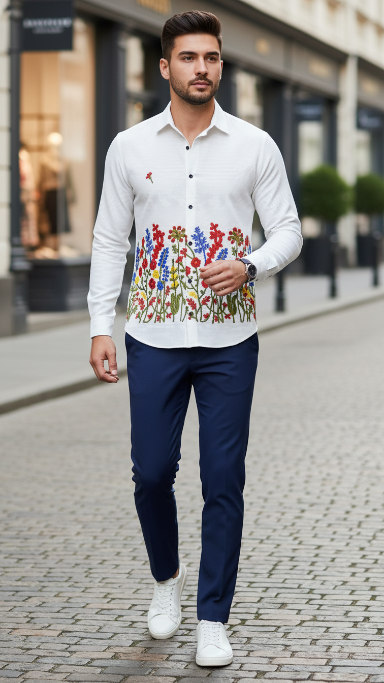 Embroidered Button Down Collar Casual Cotton Shirt