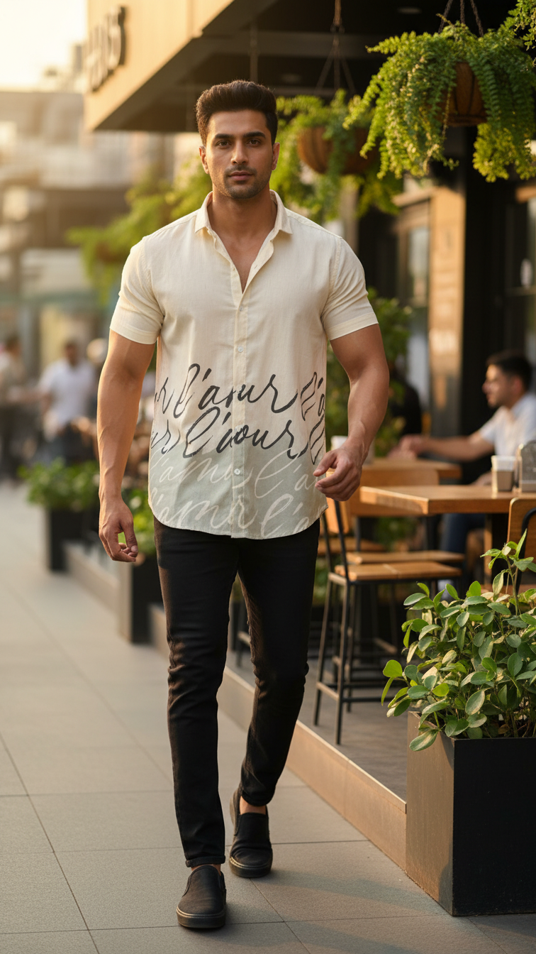 Men’s Cream Printed Half-Sleeve Casual Shirt