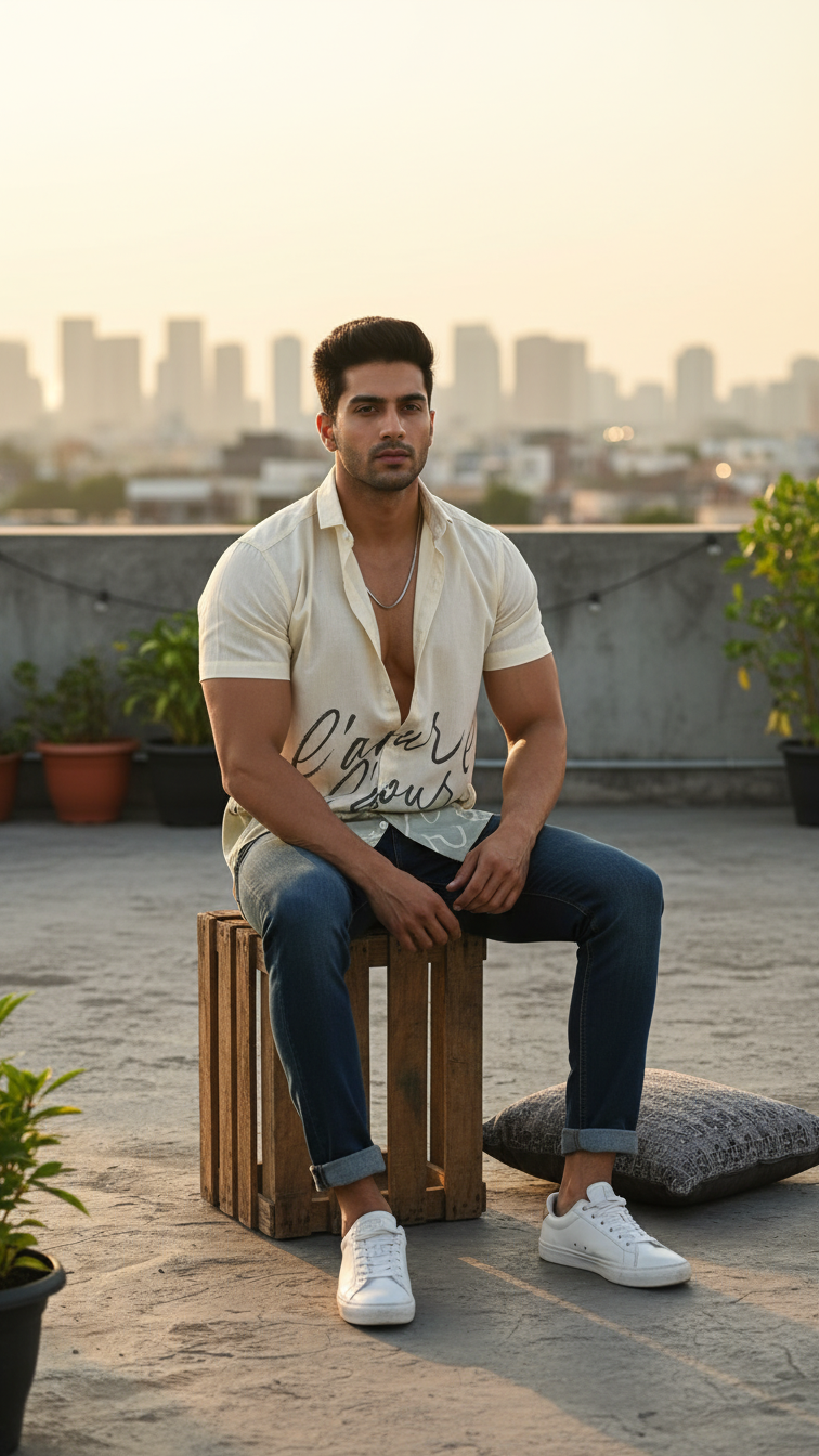 Men’s Cream Printed Half-Sleeve Casual Shirt