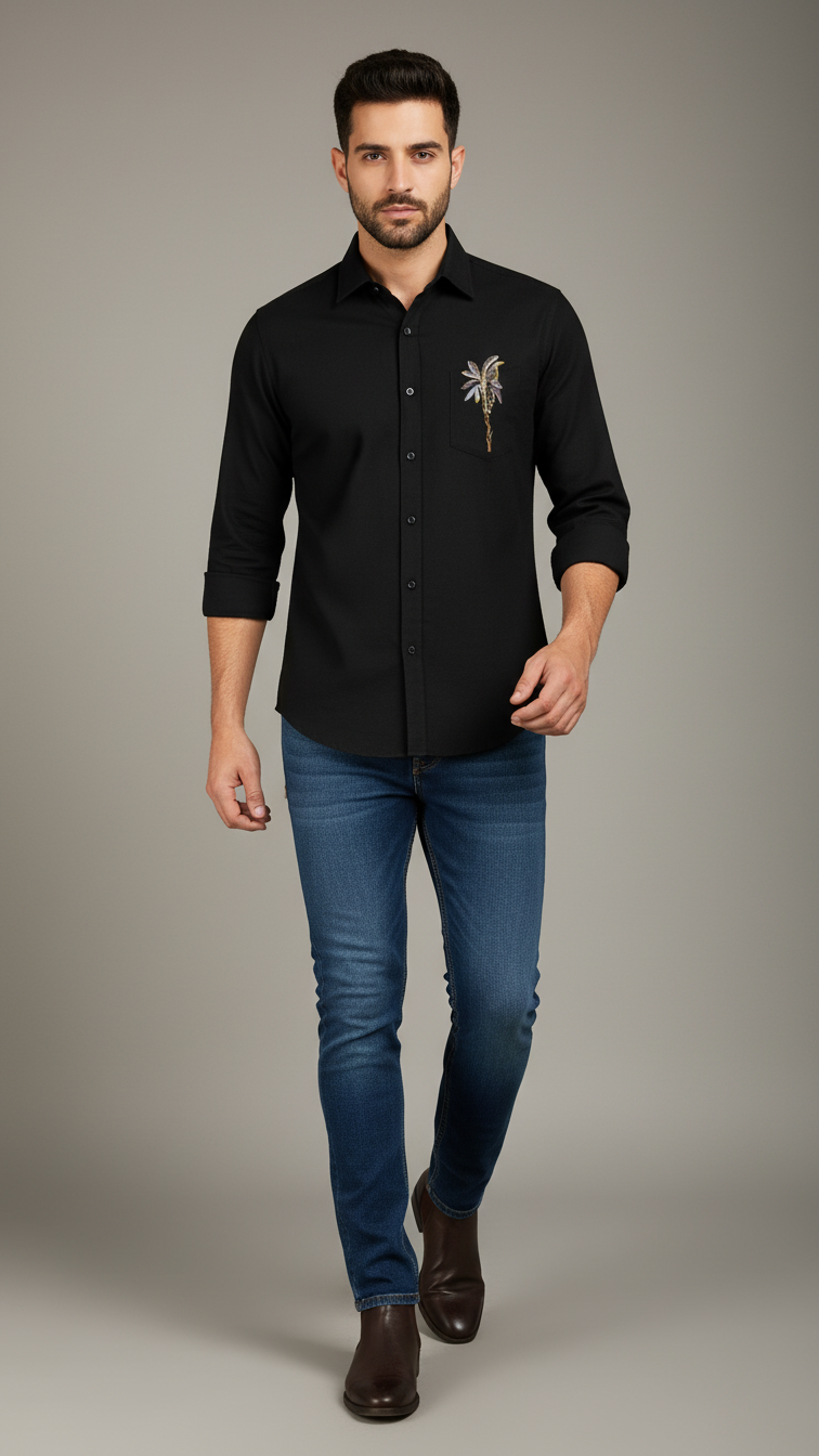 Men's Cotton Linen Shirt with Palm Tree Embroidery