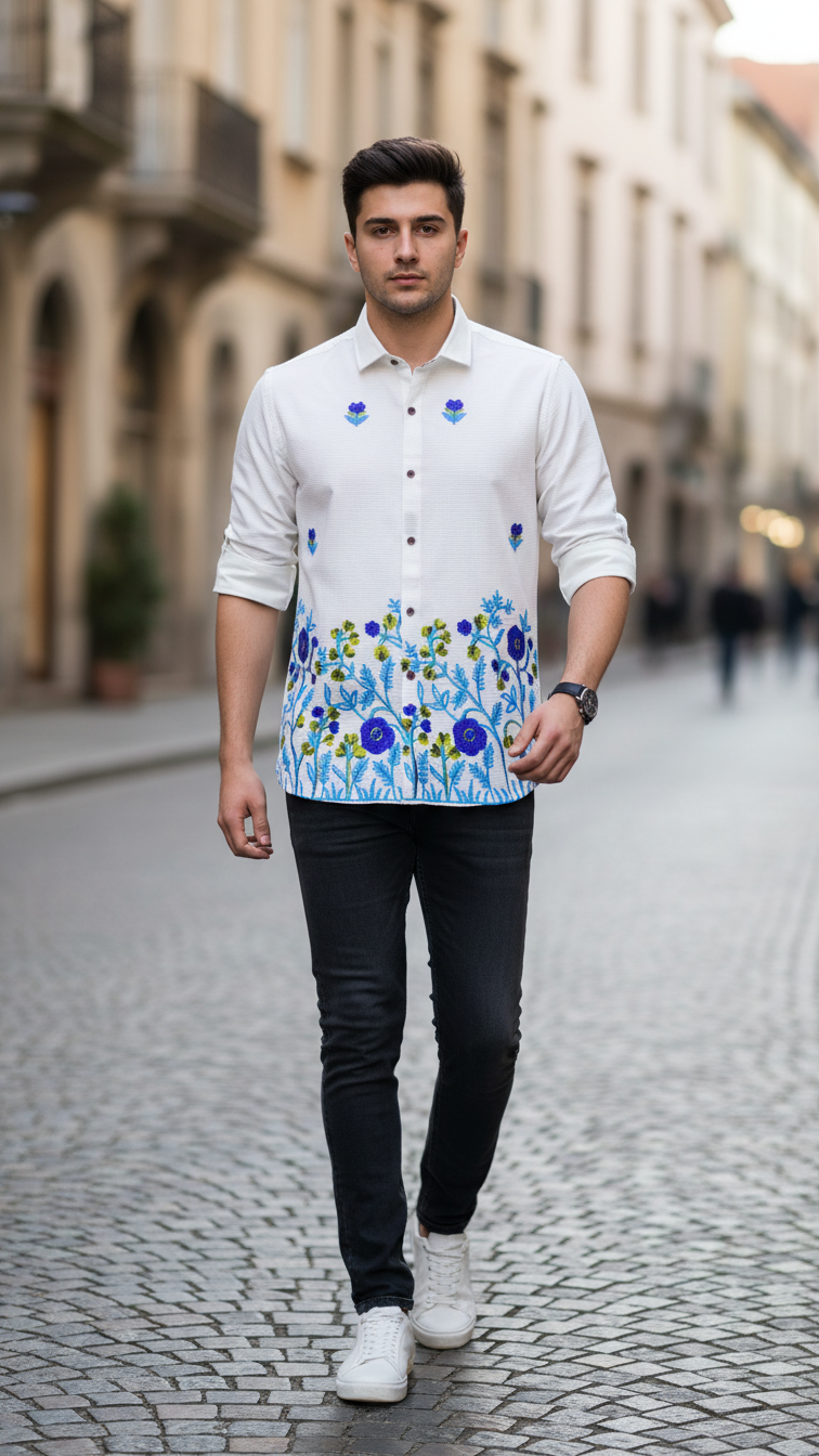 Embroidered Button Down Collar Casual Cotton Shirt