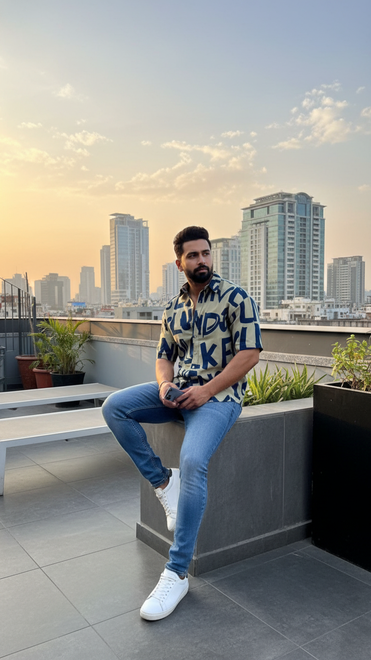 Printed Men's Shirt, Half Sleeves, Formal Wear Being Bold Blue Latter