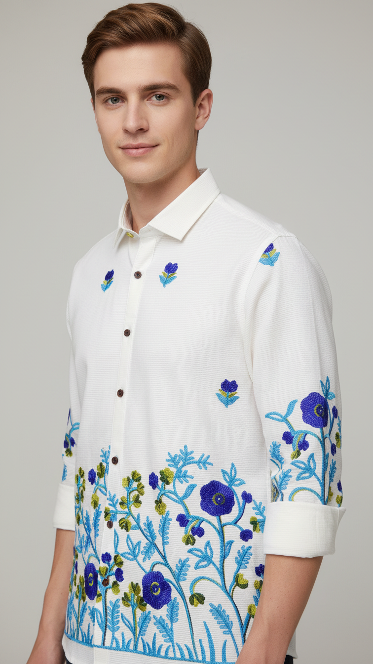 Embroidered Button Down Collar Casual Cotton Shirt