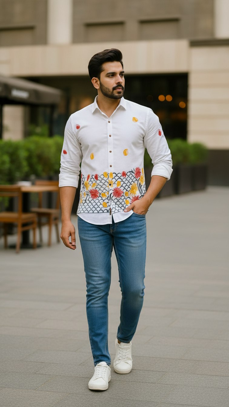 Men’s White Cotton Embroidered Shirt