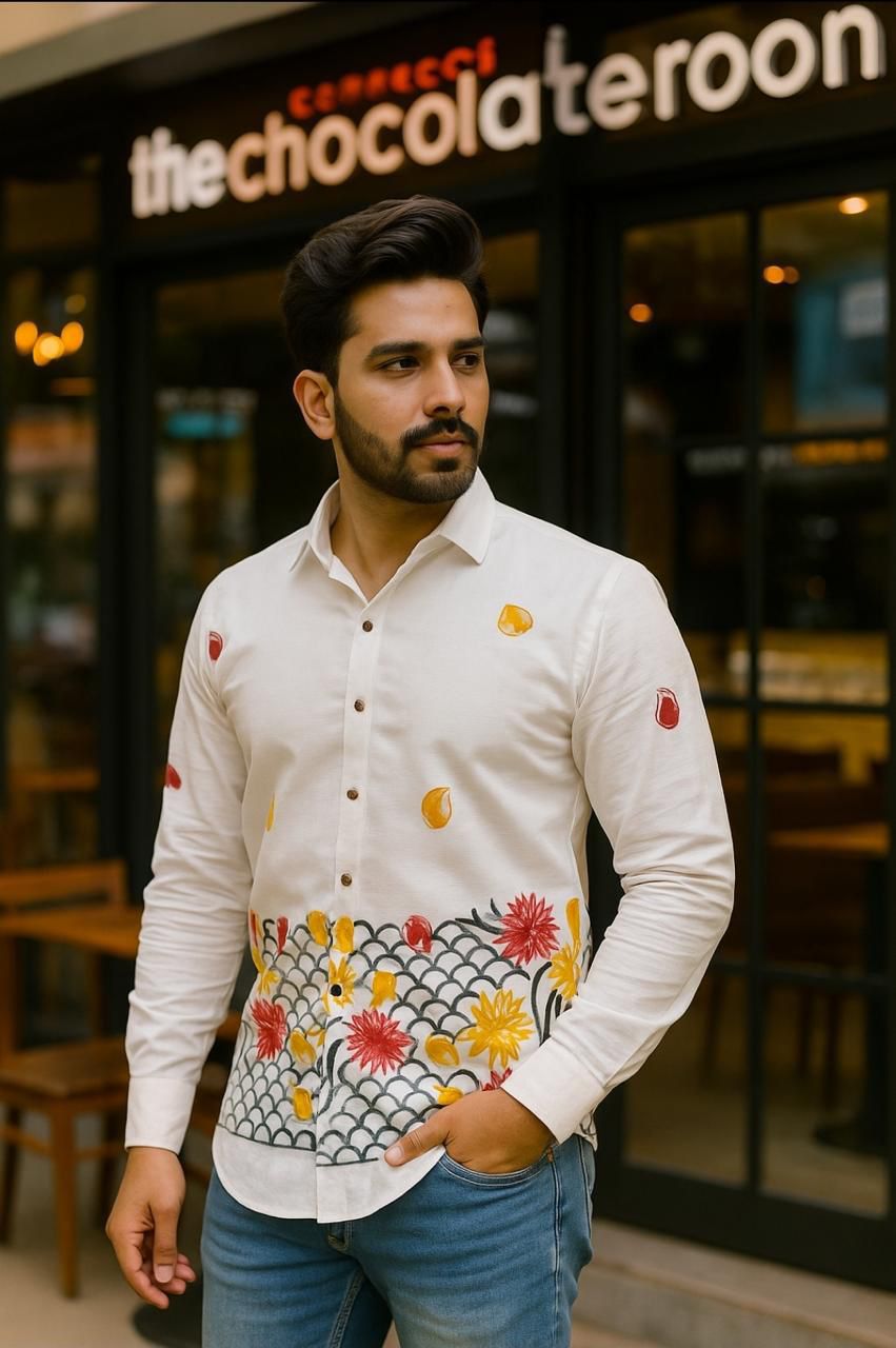 Men’s White Cotton Embroidered Shirt